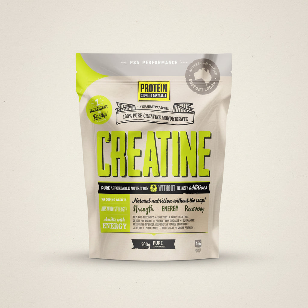 A 500g stand-up pouch of Pure Creatine Creatine with Energy, featuring a cream-colored background with bright lime green and black text and graphics.