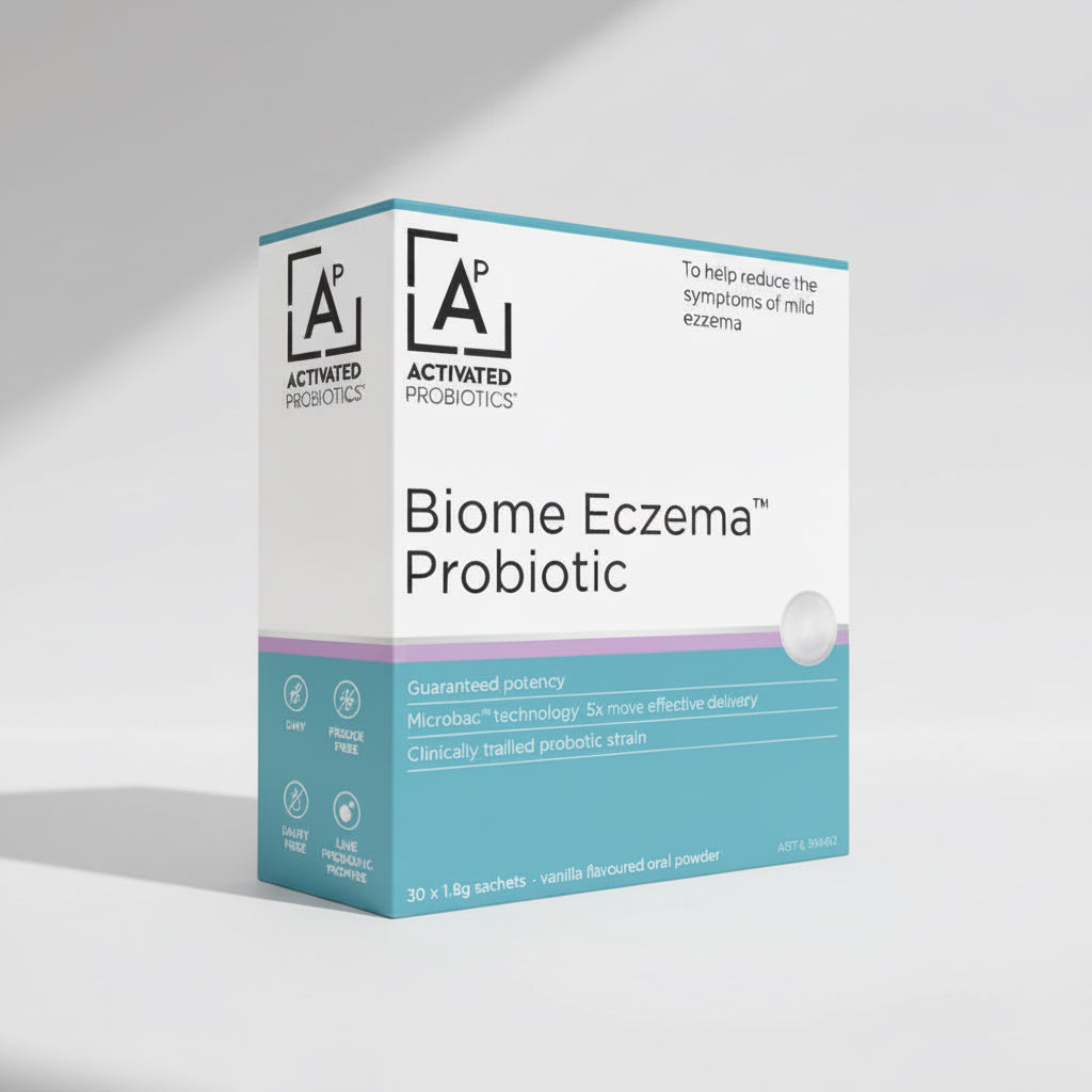 Activated Probiotics Biome Eczema Probiotic box packaging, featuring a white and teal design with a silver sachet visible on the side, set against a plain white background.