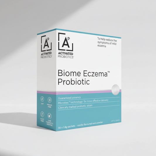 Activated Probiotics Biome Eczema Probiotic box packaging, featuring a white and teal design with a silver sachet visible on the side, set against a plain white background.
