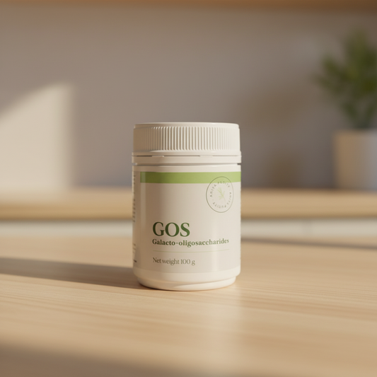 A white plastic jar of GOS (Galacto-oligosaccharides) powder with a white label featuring green text and a green stripe, set against a plain white background.